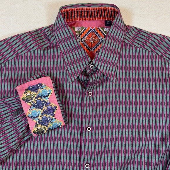 Robert Graham Mens Button Up Shirt Striped Long Sleeve Flip Cuff Size Large - Picture 1 of 7